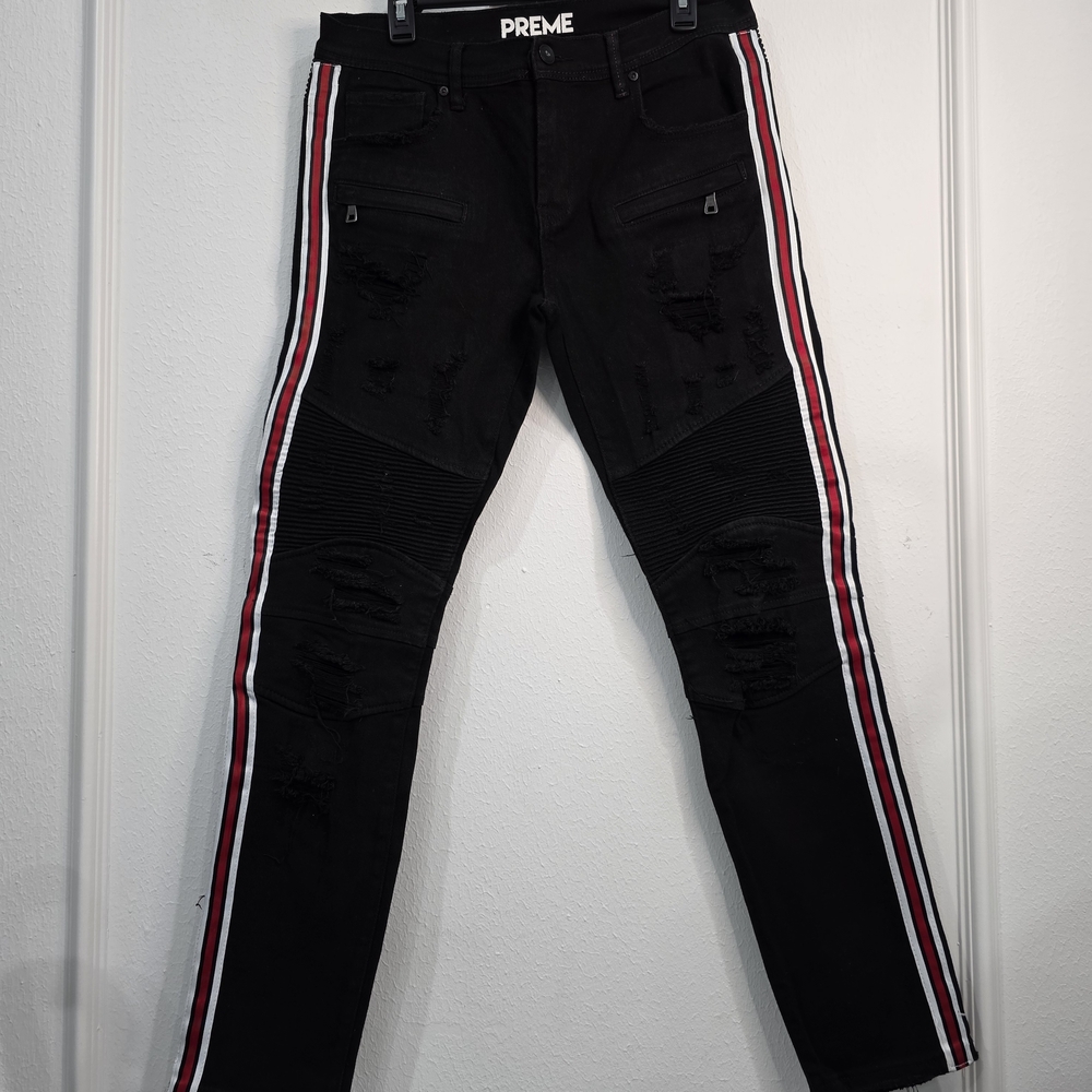 Preme Black Skinny Jeans with Red and White Stripes